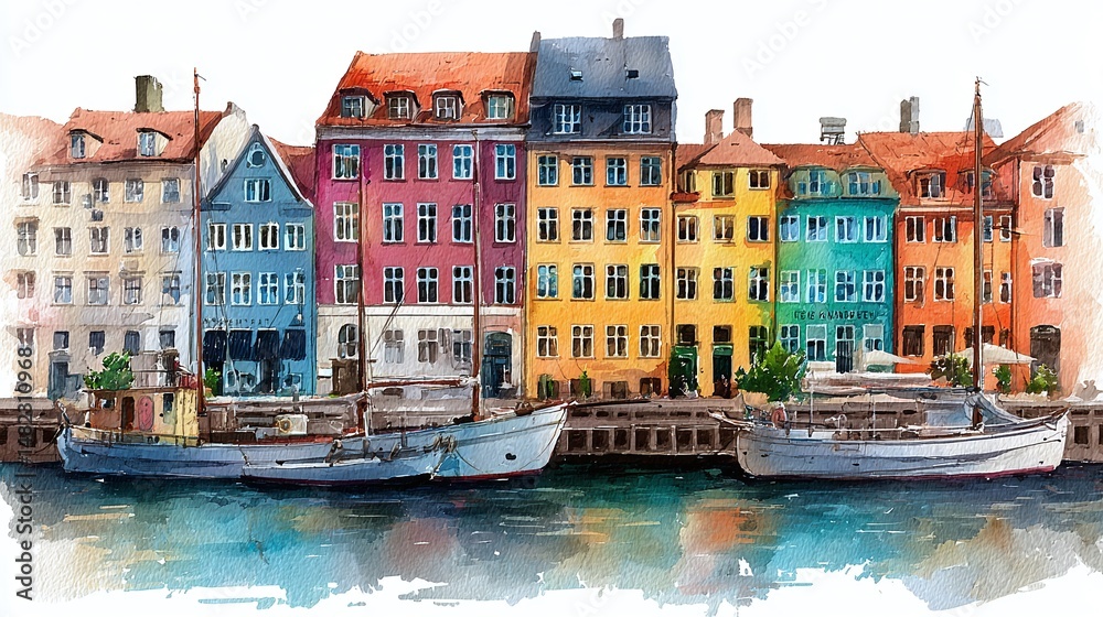 Naklejka premium Watercolor painting depicts colorful buildings on a canal with boats, rendered with fluid brushstrokes and vibrant hues, capturing a serene scene.