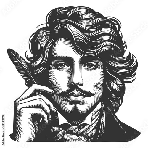 classic writer holding a quill pen, featuring flowing hair, mustache, and elegant attire sketch engraving generative ai fictional character vector illustration. Scratch board. Black and white image.