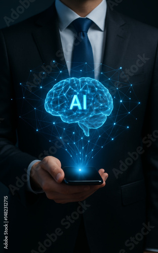 Man Holding Phone Projecting AI Brain Hologram