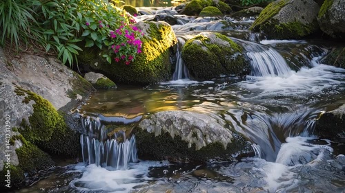 Natural mountain stream flowing over rocks with vibrant green moss and flowers, serene wilderness nature scene symbolizing freshness, clarity and peaceful energy