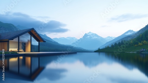 Serene Modern House by Tranquil Lake with Majestic Mountain View