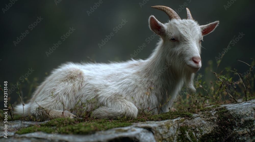 Fototapeta premium A peaceful white goat resting on a mossy rock outcrop.