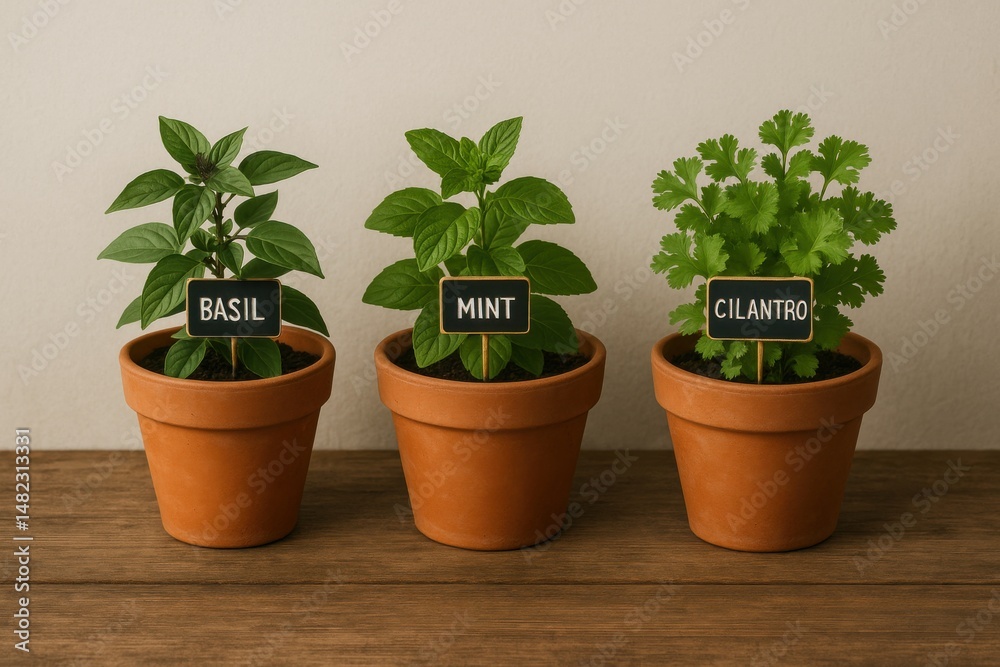 Fototapeta premium Potted Basil, Mint, and Cilantro Herbs with Labels on Wooden Table
