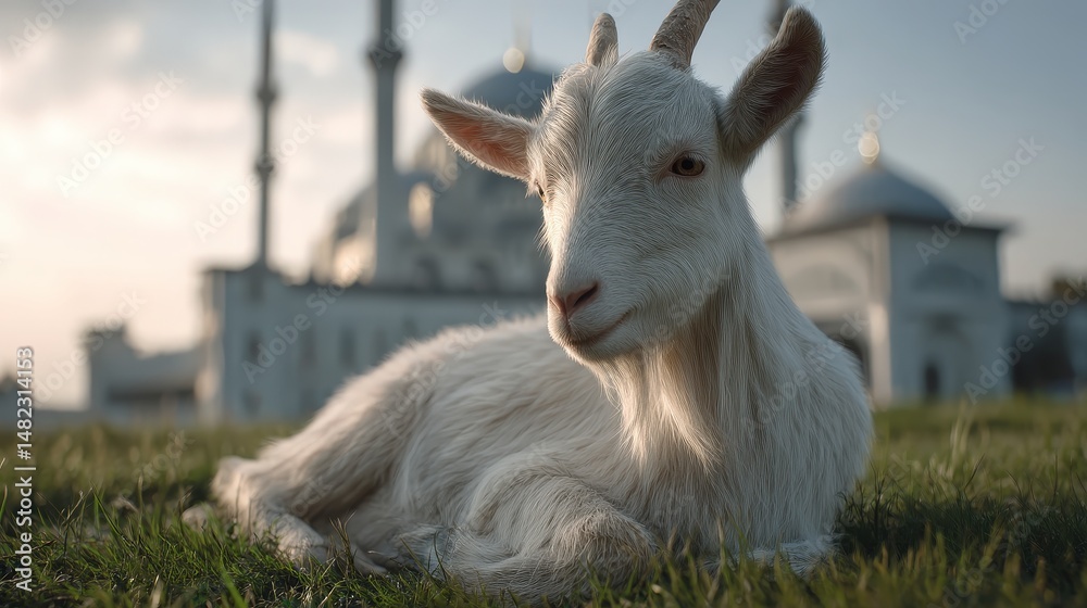 Obraz premium Peaceful white goat resting in a grassy field near a mosque.