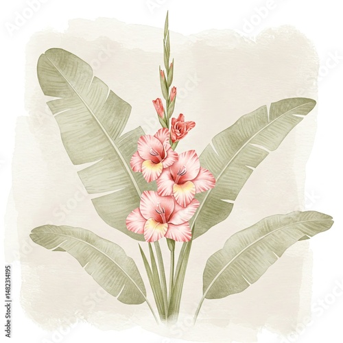Fototapeta Naklejka Na Ścianę i Meble -  Floral Elegance: A refined botanical illustration showcasing graceful flowers and lush foliage. Capturing delicate artistry of nature's beauty.