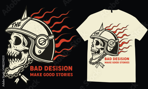 Motorcycle-themed skull helmet with crossed pistons and rebel rider elements,  engine parts, wings, and flames, the composition evokes fire, speed, and power, t-shirt design vector illustration.