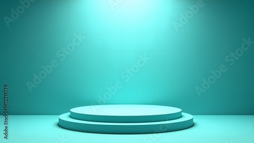 Elegant aqua background with soft 3D round podium for luxury skincare, serum bottles, spa candles, and cosmetic brand visuals