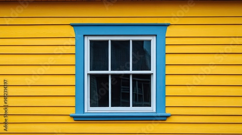 A solitary window on the exterior of a house with bright yellow siding.