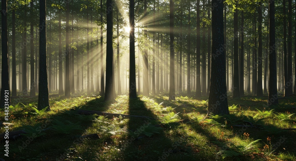Obraz premium Serene forest scene with sunlight filtering through trees and misty background