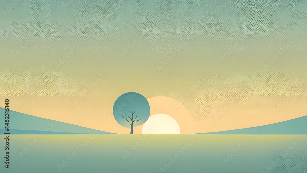 Obraz premium Minimalist landscape art featuring a lone tree silhouette against a stylized sun, invoking serenity and calm with muted colors and textures.
