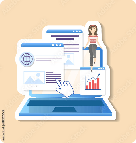 Project manager woman sitting on laptop managing web design project using computer software