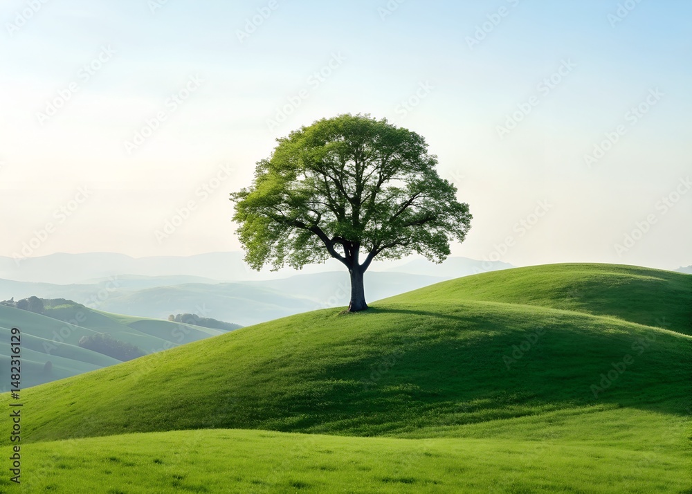 Fototapeta premium Lonely tree standing on a green hill symbol of environmental conservation