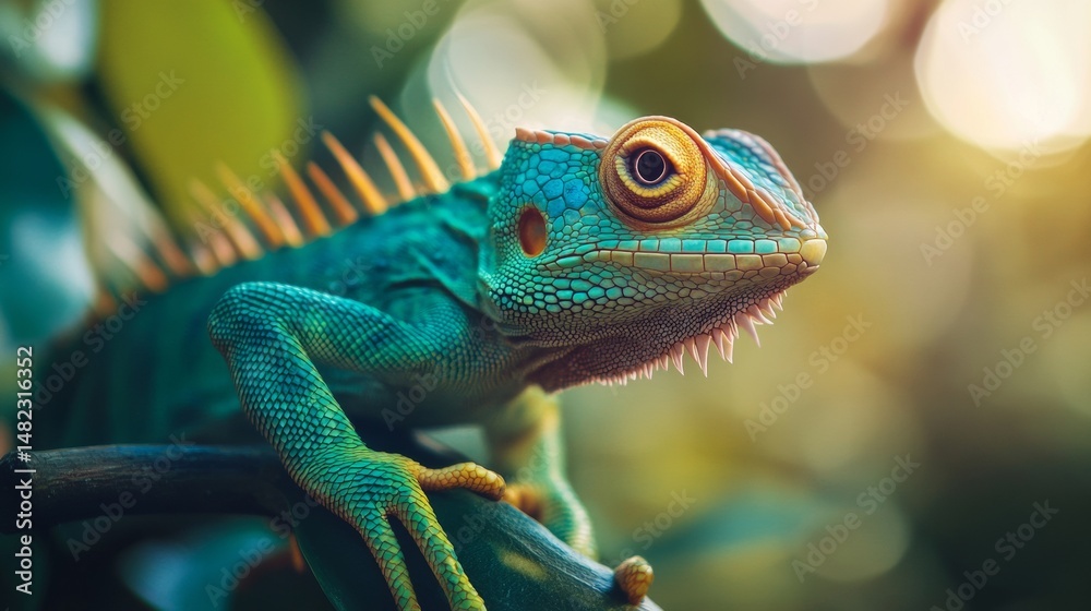 Fototapeta premium Vibrant lizard on branch with shallow depth for wildlife exotic nature tropical reptile texture scales macro