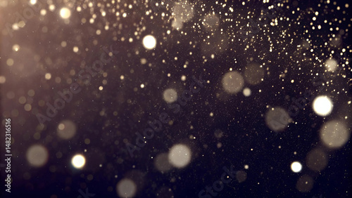Abstract background with golden bokeh effects and sparkling particles on dark backdrop.