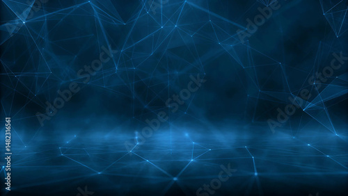 Abstract blue network technology background of connected lines and dots with glowing effects