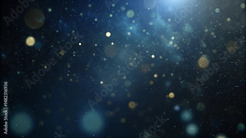 Abstract dark blue background with sparkling particles and bokeh effect in a soft focus design