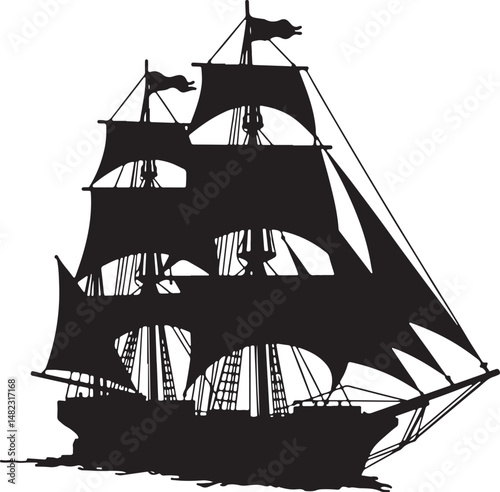Sailing Silhouette on the Sea: A majestic tall ship, its sails billowing in the wind, gracefully glides across the open sea, a timeless symbol of adventure and exploration.