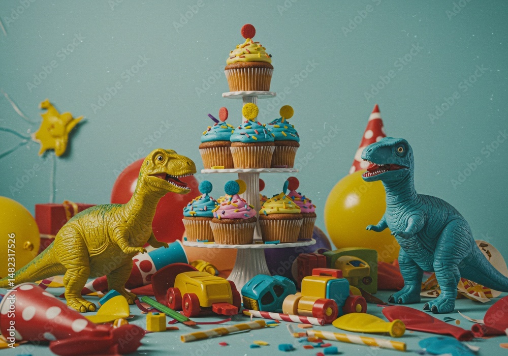 Obraz premium birthday party with toy dinosaur 