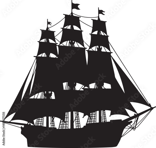 Sailing Silhouette on the Sea: A majestic tall ship, its sails billowing in the wind, gracefully glides across the open sea, a timeless symbol of adventure and exploration.