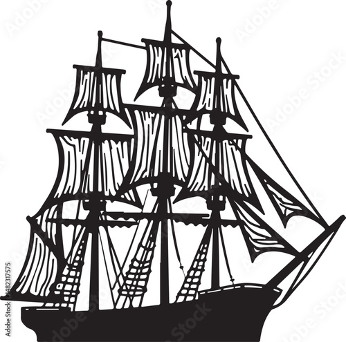 Sailing Silhouette on the Sea: A majestic tall ship, its sails billowing in the wind, gracefully glides across the open sea, a timeless symbol of adventure and exploration.