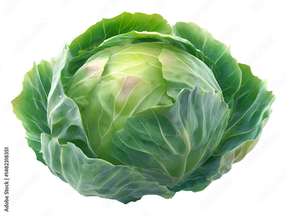Fototapeta premium Realistic 3D Fresh Green Cabbage Icon Isolated on White Background – High-Quality Organic Vegetable Illustration for Food, Cooking, and Healthy Diet Projects.