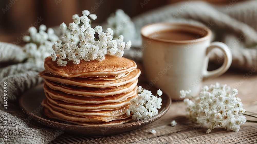 custom made wallpaper toronto digitalBreakfast scene with stacked pancakes and a cup of coffee, decorated with small white flowers for a cozy and inviting ambiance.