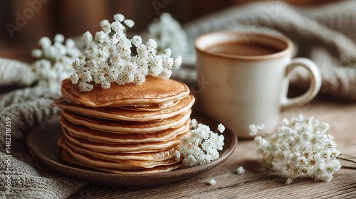 Wallpaper Mural Breakfast scene with stacked pancakes and a cup of coffee, decorated with small white flowers for a cozy and inviting ambiance. Torontodigital.ca