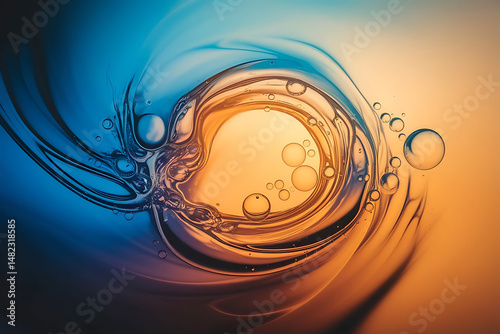 Mixing water and oil beautiful color abstract background based on blue and orange circles and ovals macro abstraction