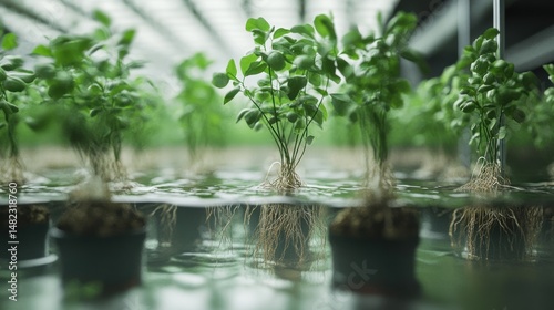 Hydroponic basil plants in a controlled environment