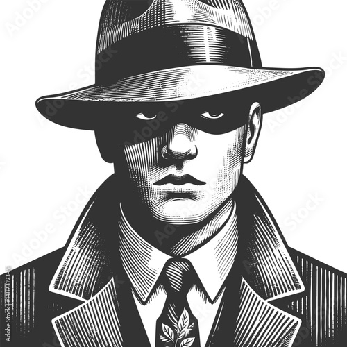 serious detective wearing a fedora hat and trench coat, evoking noir and mystery vibes sketch engraving generative ai fictional character vector illustration. Scratch board. Black and white image.