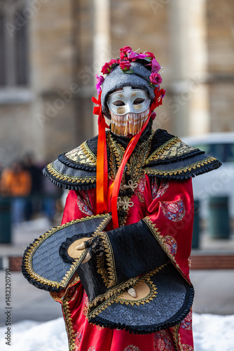 Disguised Person with Chinese Fans - Annecy Venetian Carnival 2013
