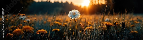 Blowing in the wind across field with leaves and dandelion concept. A stunning sunset over a field of vibrant flowers, nature's beauty.