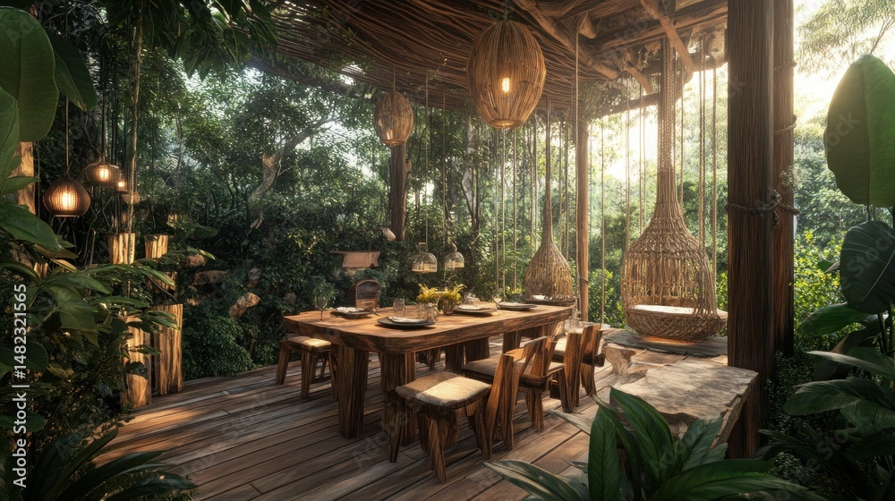 Fototapeta premium A bamboo and wood hybrid dining table, blending sustainable materials beautifully