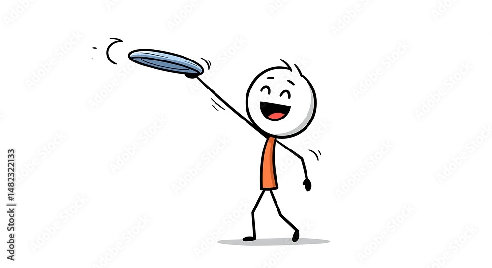 Fototapeta premium Cheerful stick figure enthusiastically throwing a flying disc into the air with joy