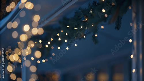 Soft bokeh lights and festive holiday garland creating a cozy and atmospheric nighttime decoration