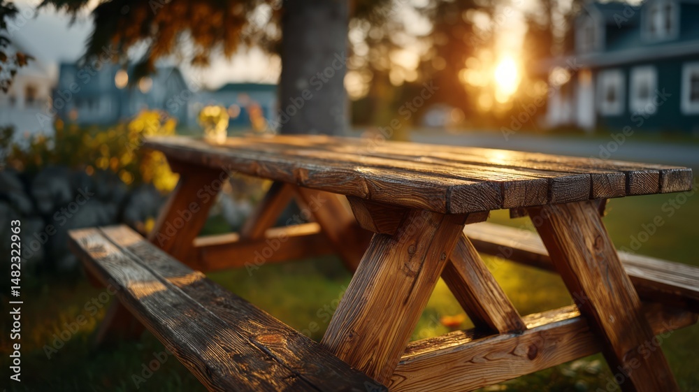 Fototapeta premium Rustic wooden picnic table in serene outdoor setting with warm sunset glow and nature backdrop