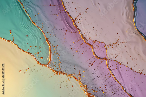 Epoxy resin texture with aquamarine lilac and white colors fluid backdrop with splashes and ripples abstract frozen artwork with splatter inks bright colors mixes on macrophotography picture