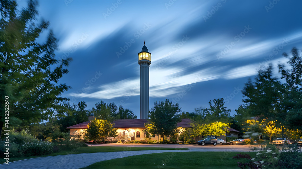 Obraz premium Minaret: Night Sky, Illuminated Tower