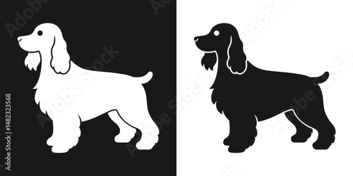Two simple silhouette representations of a cocker spaniel dog in black and white