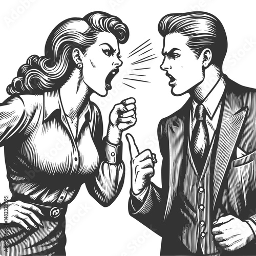 Boss businesswoman angry woman shouting at a man, pointing her finger sketch engraving generative ai fictional character vector illustration. Scratch board imitation. Black and white image.
