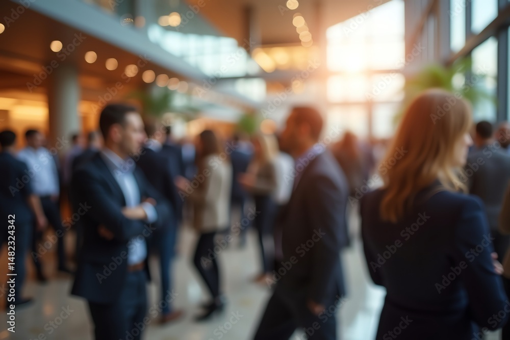 Fototapeta premium Blurred professionals networking in bright atrium