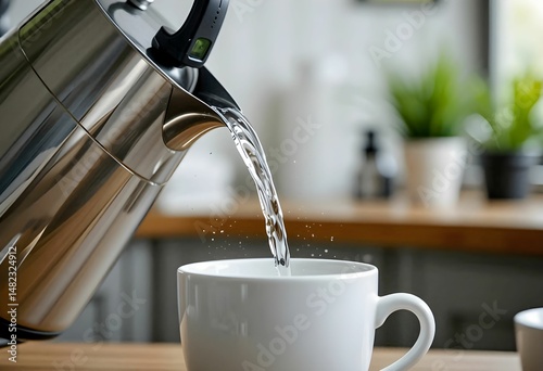 silver kettle pouring water into white cup close up