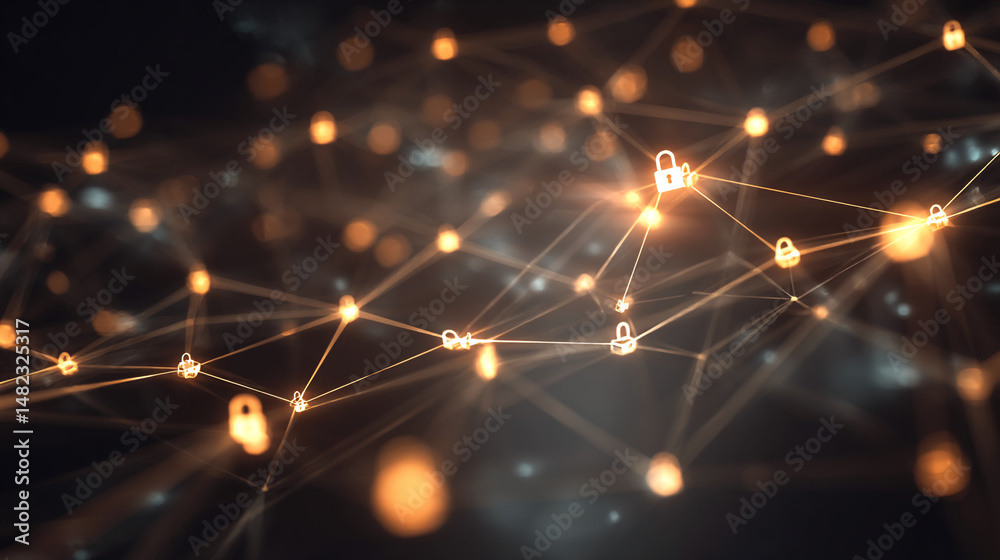 Fototapeta premium Abstract network image with glowing nodes and padlock icons, symbolizing cybersecurity, data protection, and network security