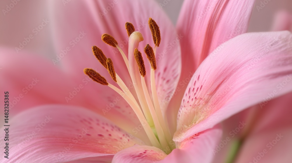In the open pink lilies, a close-up of the central stamens and pistils, the soft-focus delicate petals create a dreamy atmosphere, embodying the concept of floral elegance and natural art. In the open pink lilies, a close-up of the central stamens and pistils, the soft-focus delicate petals create a dreamy atmosphere, embodying the concept of floral elegance and natural art.