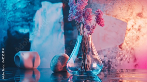 Single flower in vase under blue light for artistic dreamy moody concept interior romantic poetic