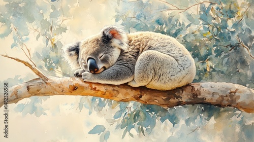 Sleepy koala resting on eucalyptus branch