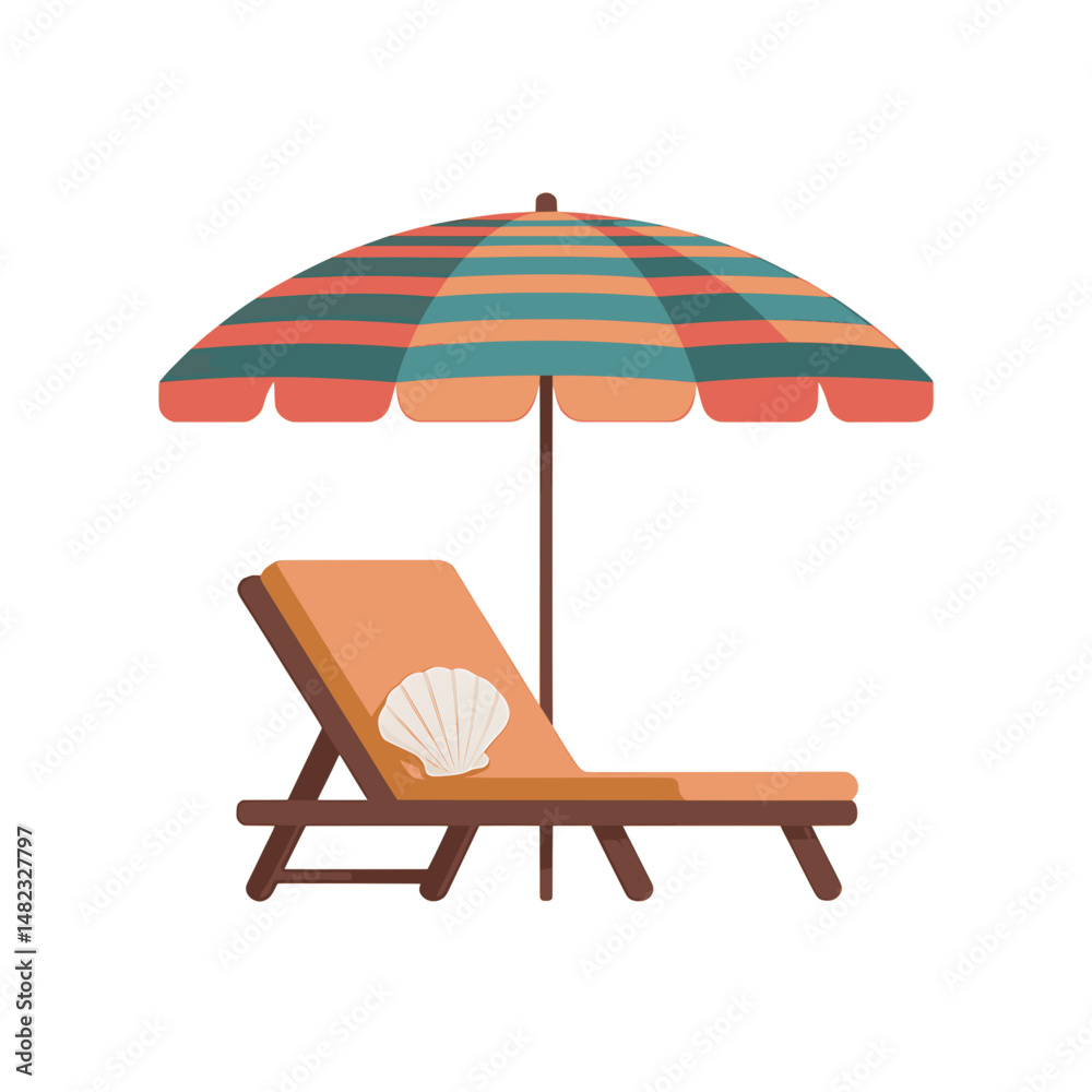 Laid-Back Layers: tropical rest symbol with striped parasol and lounge chair, vector summer escape concept for travel branding, vacation app UI, or seaside leisure themes Laid-Back Layers: tropical rest symbol with striped parasol and lounge chair, vector summer escape concept for travel branding, vacation app UI, or seaside leisure themes