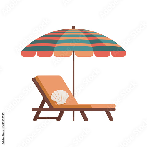 Laid-Back Layers: tropical rest symbol with striped parasol and lounge chair, vector summer escape concept for travel branding, vacation app UI, or seaside leisure themes