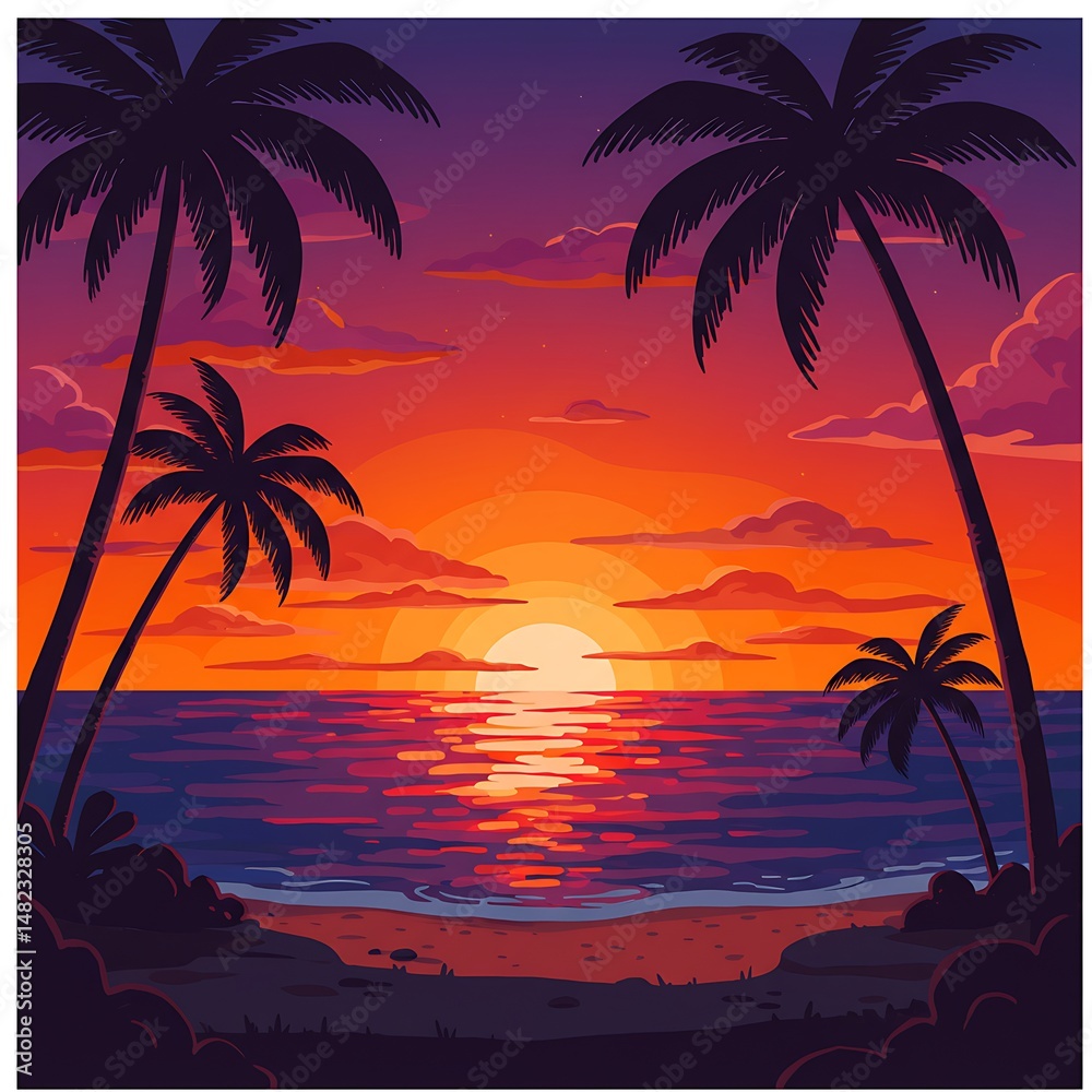 Fototapeta premium Sunset Silhouette: Tropical Paradise