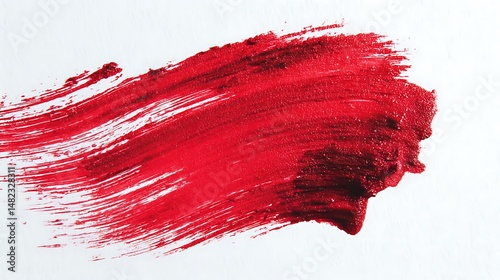 Bold Red Stroke Of Paint Is Brushed Across A White Background, Revealing Texture And Movement Within The Pigment Application, Artistic Expression, Fine Art Element